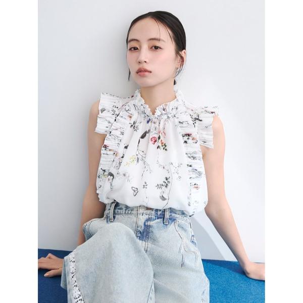 ブラウス シャツ フラワープリントギャザーフリルブラウス レディース