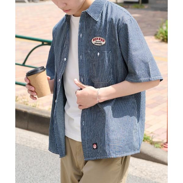 シャツ 半袖 「RED KAP」限定商品 別注 ワッペン付き半袖SHIRTS　ヒッコリーストライプ＆オールドブラック メンズ