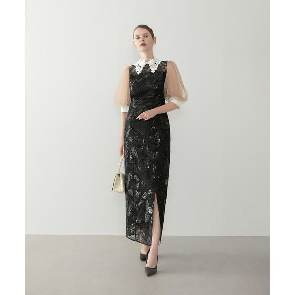 『タイムセール実施中』ZOZO問い合わせ番号:103235513ショップ:Leja，レジャブランド:Leja，レジャ商品名:【LEJA】レースカラーリーフスパンコールパフスリーブIラインワンピースドレス美脚効果結婚式 パーティードレス 成人...