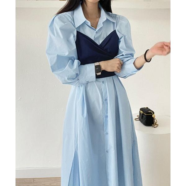 シャツワンピース ドッキングロングシャツワンピース