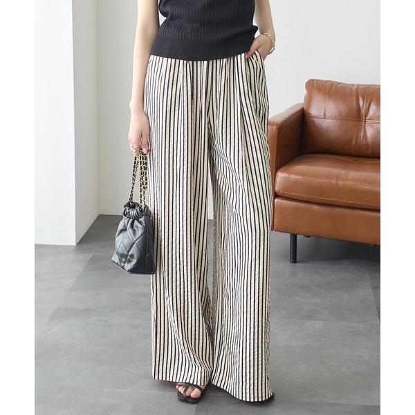 ワイドパンツ スラックス パンツ ストライプジャカードタックワイドパンツ レディース