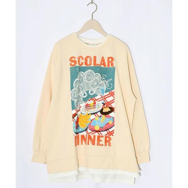 トレーナー スウェット ScoLar(スカラー) スカラーちゃんの夕食柄レイヤード風配色プルオーバー レディース