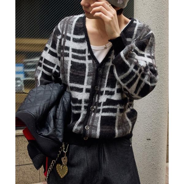 カーディガン SILVER BUTTON CHECK CARDIGAN／シルバーボタンチェックカーディガン メンズ レディース