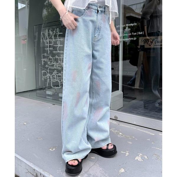 ワイドパンツ ジーンズ デニム デニムパンツ 「2サイズ展開/低身長サイズ/ウエスト調節可」スプレーワイドデニムパンツ レディース