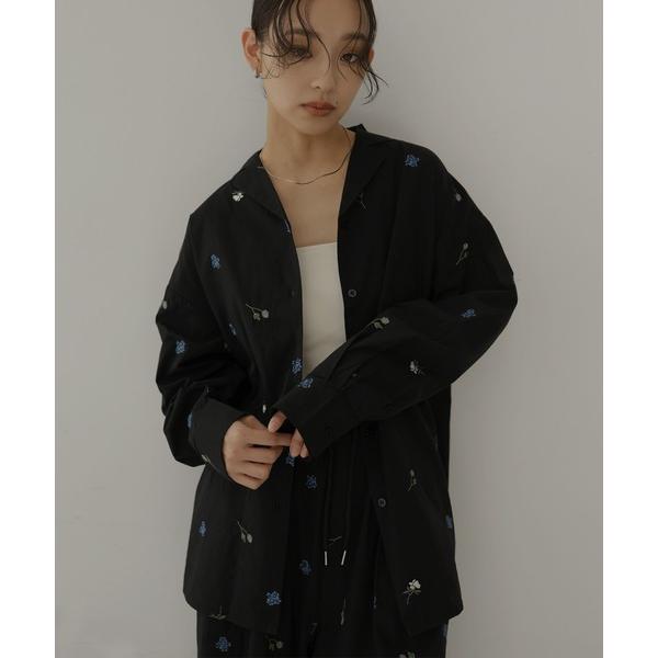 ブラウス シャツ 配色刺繍オープンカラーシャツ レディース