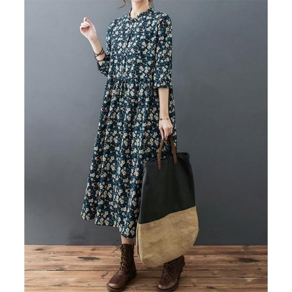 ワンピース フリル襟花柄ワンピース