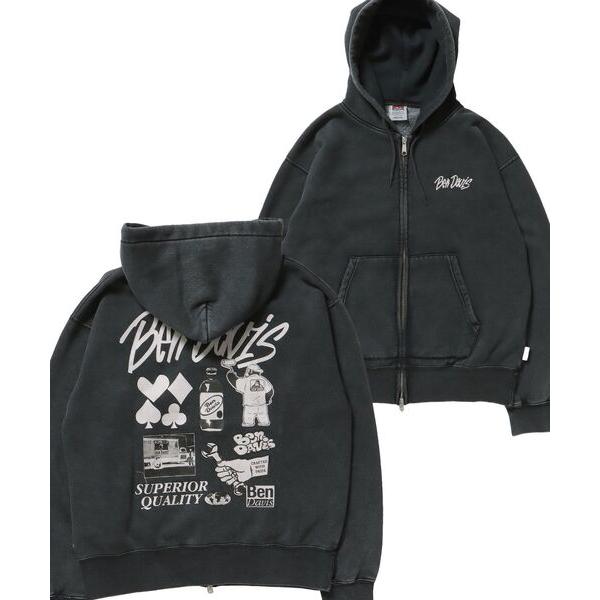 パーカー 裏起毛 「BEN DAVIS（ベンデイビス）」GRAPHIC FADED ZIP HOODIE / ジップパーカー フーディ 裏起毛 ヘビーウェイト プリント 加工
