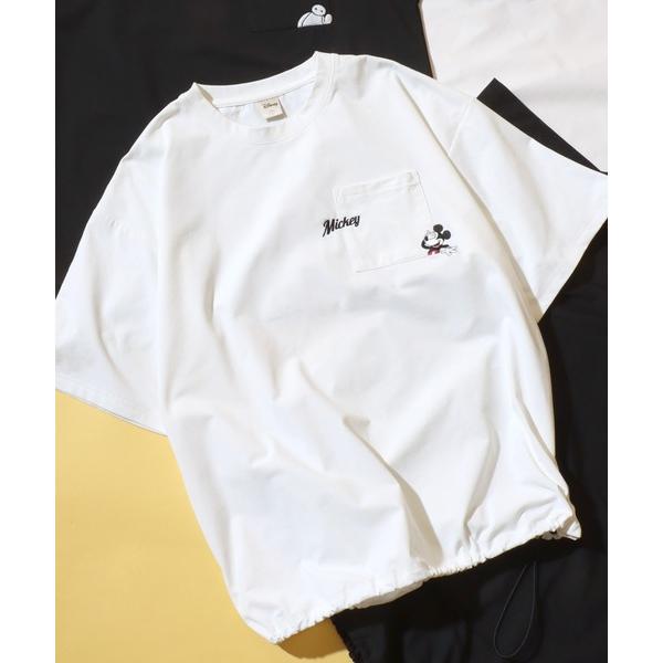 tシャツ 半袖 Disney/ディズニー 別注 ミッキー トイ・ストーリー ベイマックス オーバーサイズ ワンポイント刺繍 ポケット ドローコード 半袖Tシャツ レ…