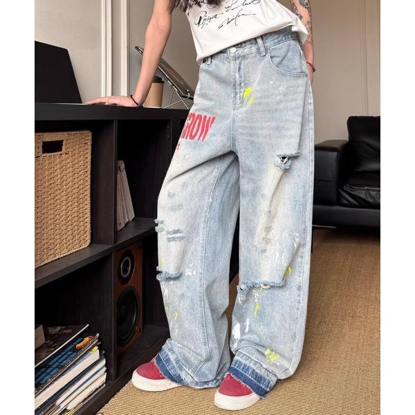 ワイドパンツ ジーンズ デニム デニムパンツ ペイントロゴダメージデニムパンツ レディース
