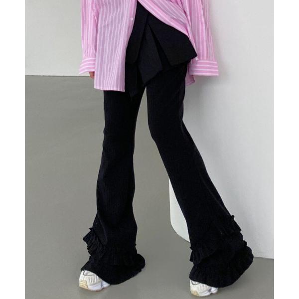 パンツ フリルフレアリブパンツ レディース