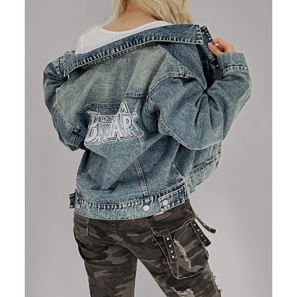 デニムジャケット gジャン BAYSTARS DENIM JACKET / デニムジャケット ジージャン オーバーサイズ 秋アウター ミドル丈 ワッペン 刺繍ロゴ 野球観戦コーデ…