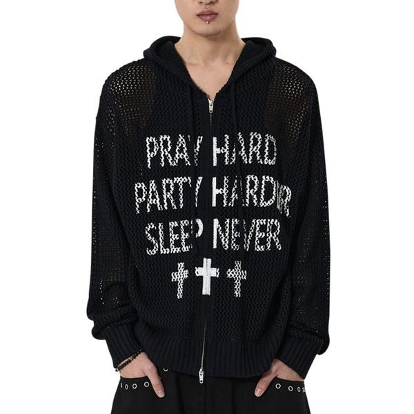 パーカー 「OY/オーワイ」PRAY HARD KNIT HOODIE ZIP UP/プレイハードニットジップアップパーカー メンズ レディース