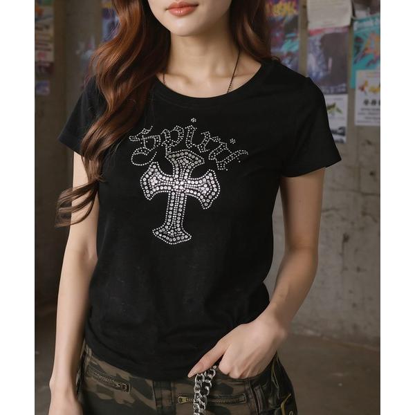tシャツ 半袖 半袖Tシャツ/ラインストーンクロス/平成ギャル レディース