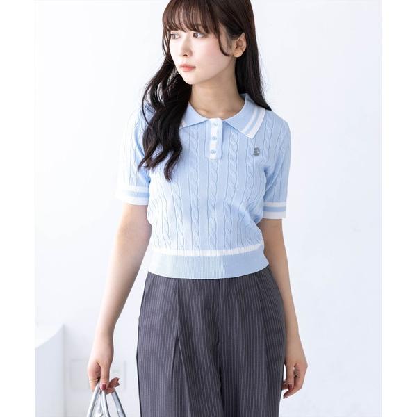 ニット セーター 配色ケーブル半袖ポロニット「骨格ストレート / 細見え」 レディース
