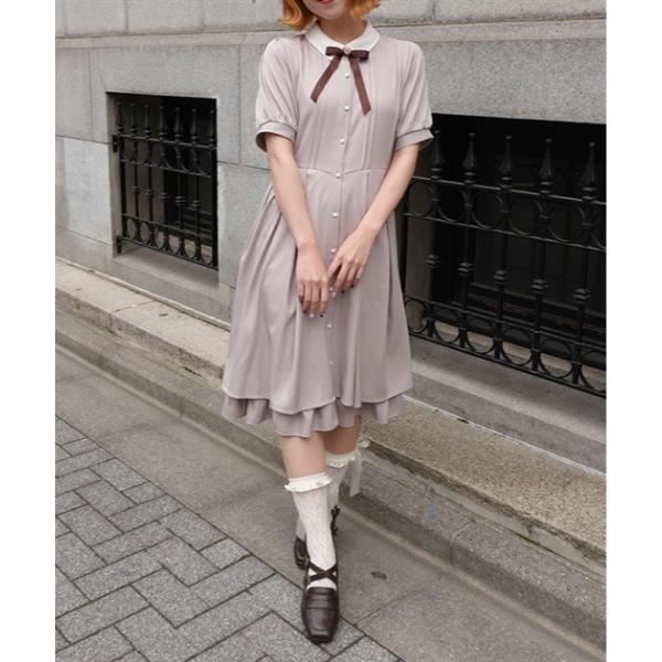 ワンピース 半袖 ブローチ付きバイカラーＯＰ