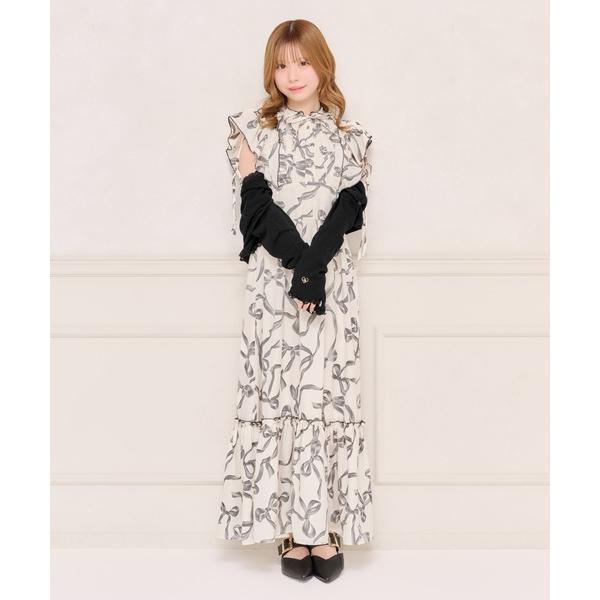 ワンピース 袖リボンアソート柄フリルワンピース