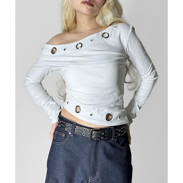 tシャツ 「これ一枚で別人級」アイレットカットオフショルトップス / ハトメ 長袖 オフショルダー カットアウト アイレット 海外ファッション Y2K ロンT …