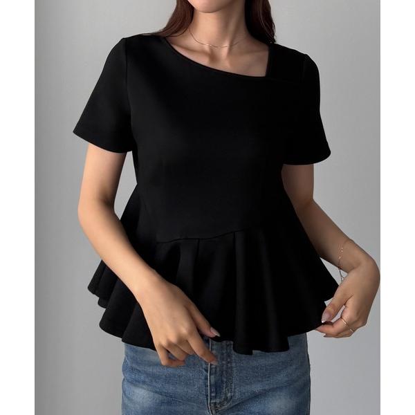 tシャツ 半袖 アシメネックペプラムトップス レディース