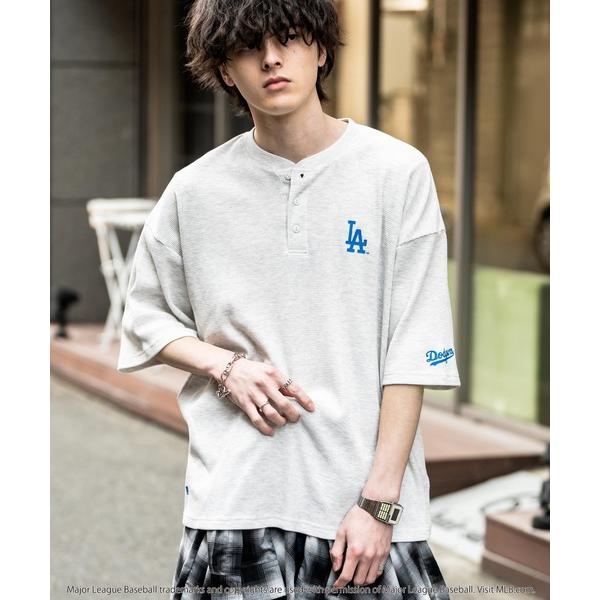 ヘンリーネック tシャツ MLB メジャーリーグベースボール オーバーサイズヘンリーネックT/Cワッフルロゴプリント半袖Tシャツ メンズ レディース
