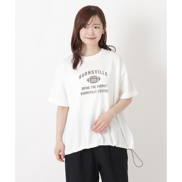 tシャツ 半袖 カレッジロゴ入り 5分袖ドロストプルオーバー レディース