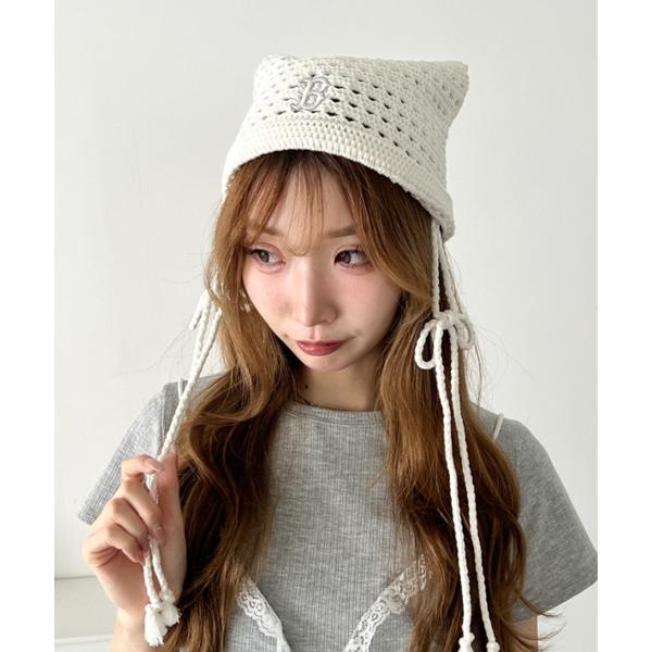ニット帽 ニットキャップ レディース 「日本未発売/WEB限定」MLB KOREA(エムエルビーコリア)/サマー リボン 猫耳 ねこ耳ビーニー 耳付き クロシェ編み ロ…