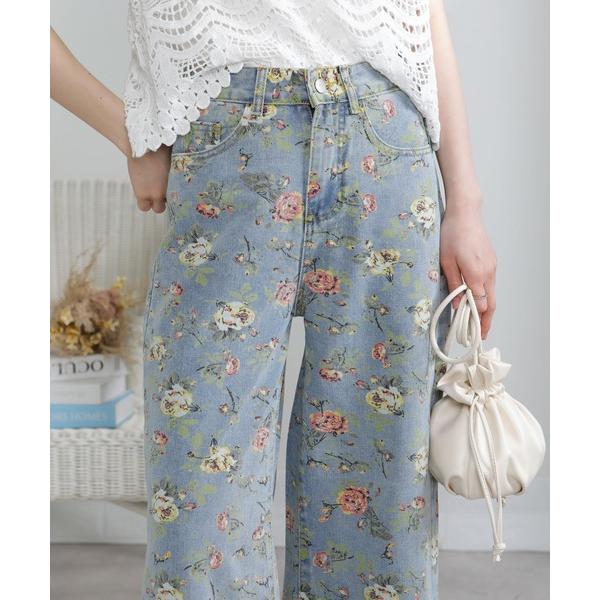ワイドパンツ パンツ バラプリントデニムワイドパンツ レディース