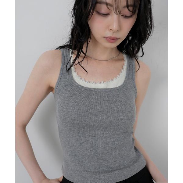 タンクトップ ノースリーブ レースレイヤードリブタンク レディース