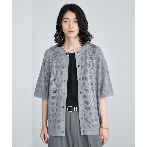 カーディガン Lace Knitting Knit Crew Cardigan / 透かし編み/ニットクルーカーディガン メンズ レディース