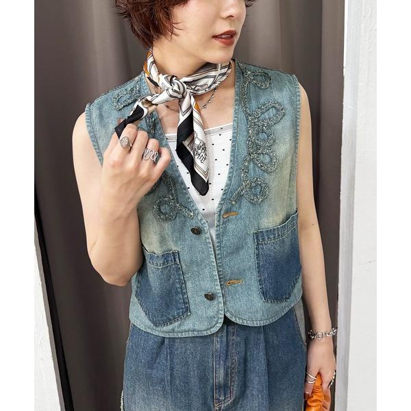 ベスト ジレ うねうねフリンジデニムベスト レディース