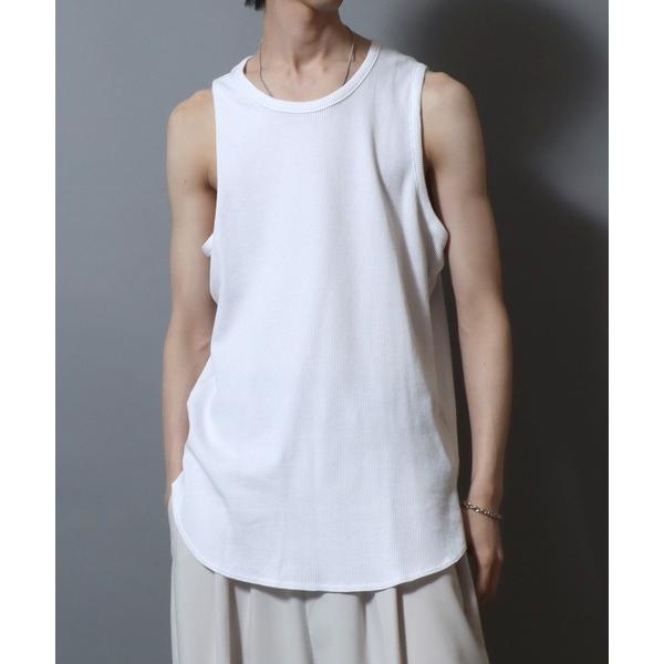 タンクトップ Waffle-Knit Tank Top / 裾ラウンド ワッフルタンクトップ 無地 メンズ トップス インナー セミロング丈 メンズ レディース