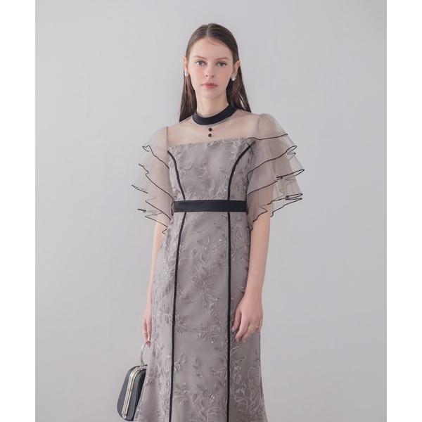 パーティードレス ドレス 「LEJA」ハイネックパイピングシアーチュールスリーブスパンコールリーフマーメイドワンピースドレス美脚効果結婚式 パーティー…