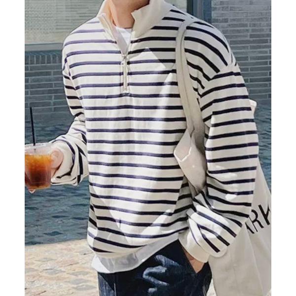 tシャツ 「NOWLE」ボーダー ハーフジップ プルオーバー リブ Tシャツ / カットソー メンズ