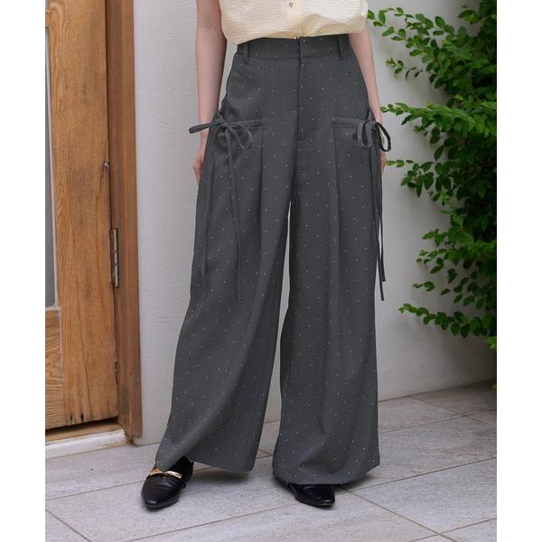 ワイドパンツ パンツ 「apres jour clair」ラインストーンリボンパンツ レディース