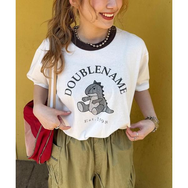 tシャツ 半袖 恐竜ぬいぐるみリンガーTEE レディース