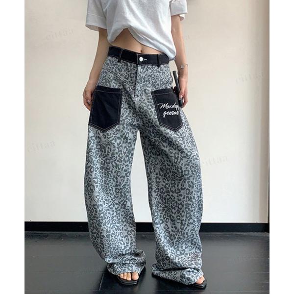 ジーンズ デニム デニムパンツ 韓国ファッション レオパード柄ワイドデニムパンツパンツ レディース メンズ