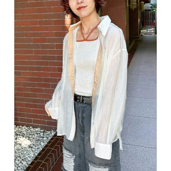 ブラウス シャツ 長袖シアーパイピングシャツ レディース