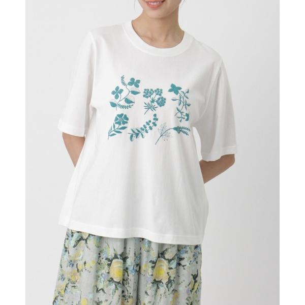 tシャツ 半袖 30／−天竺ニードルタッチフラワー発泡プリントTシャツ レディース