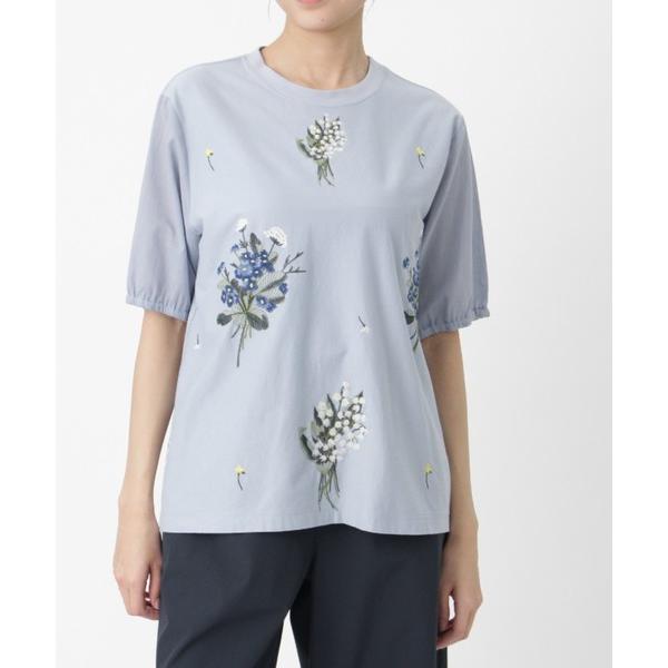 tシャツ 半袖 ローン×天竺スズランとテマリバナ刺繍カットソー レディース