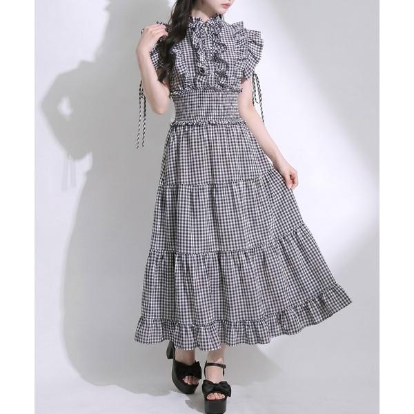 ワンピース 夏 半袖 プチハイネックシアーチェックティアードロングワンピース「大きいサイズあり」