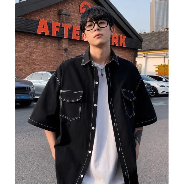 シャツ 「 BARELY BLUE / ベアリーブルー 」 ステッチ ライン ルーズ シャツ メンズ レディース