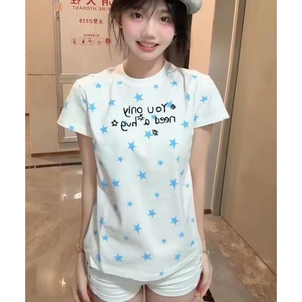 tシャツ 半袖 韓国系スイートガール スター文字プリント スリムフィット半袖Tシャツ レディース