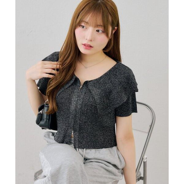 tシャツ 半袖 BIG衿ラメZIPCD レディース