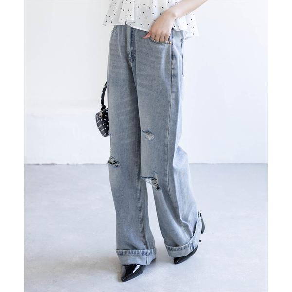 ワイドパンツ ジーンズ デニム デニムパンツ 「低身長対応／サイズ展開あり」ダメージワイドデニムパンツ「骨格ストレート／カジュアル／シンプル／ラフ」