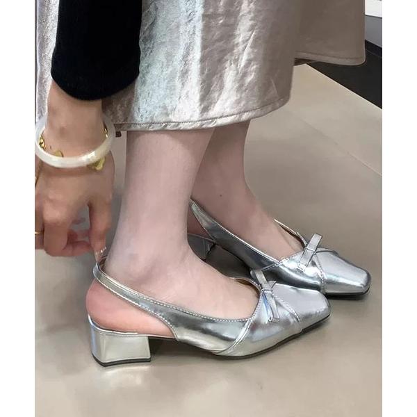 パンプス SHOES 365リボン スクエアトゥ バックストラップ 太ヒール サンダルパンプス (SS)