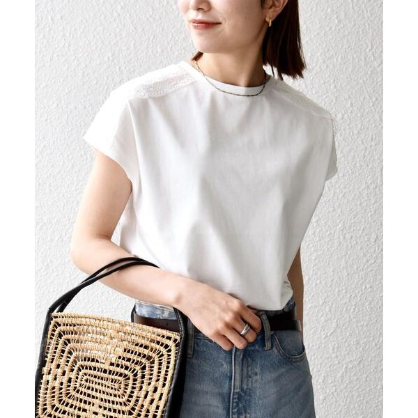 tシャツ 半袖 SHIPS any:「洗濯機可能」ジャージー フレンチスリーブ レース TEE レディース