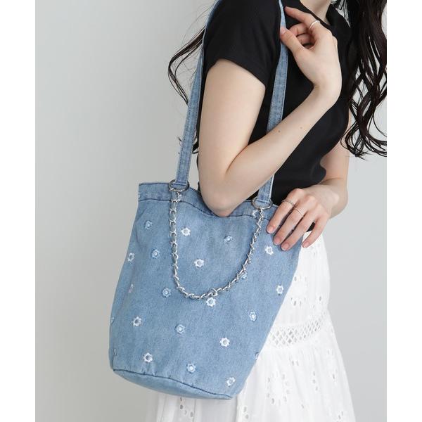 トートバッグ デイジー刺繍2WAYデニムトートバッグ レディース
