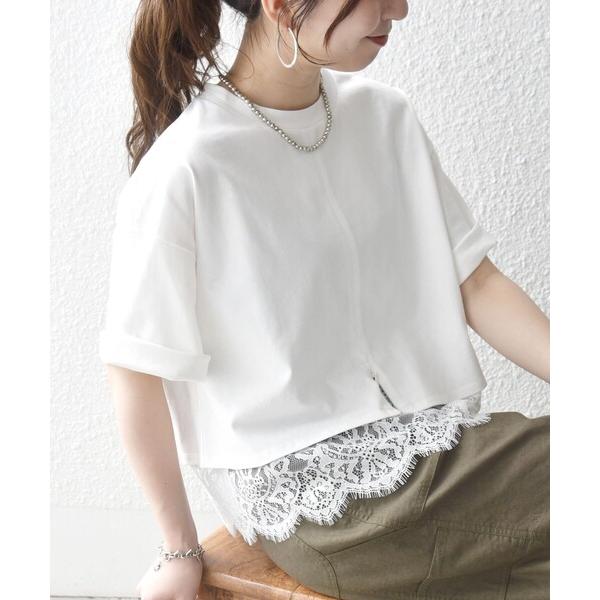 tシャツ SHIPS any:「洗濯機可能」ジップ レース ヘム ハーフスリーブ TEE レディース
