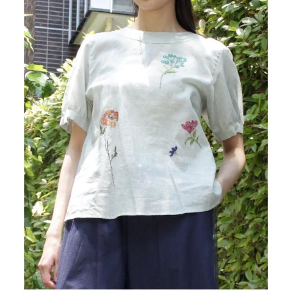 リネンシャツ ブラウス シャツ 半袖 綿麻ローン　ビッグフローラルフラワー刺繍ブラウス レディース