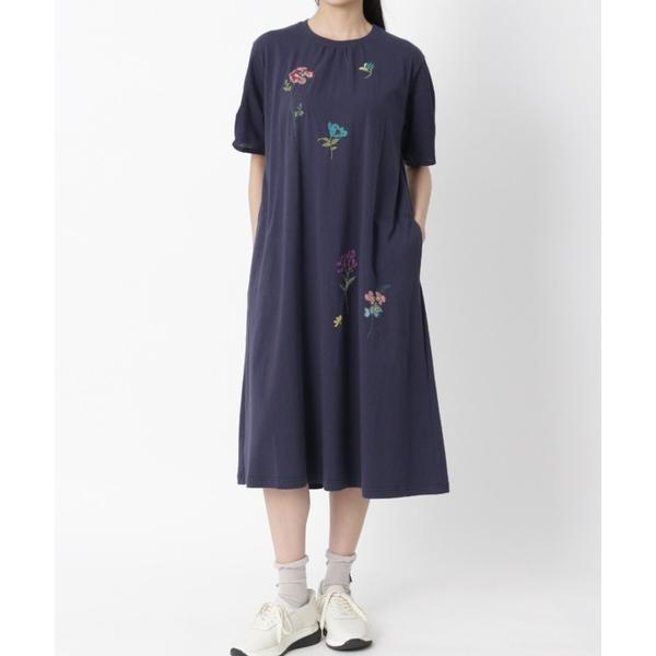 ワンピース 半袖 ビッグフローラルフラワー刺繍天竺×綿ローンワンピース