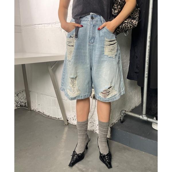 ワイドパンツ ハーフパンツ ジーンズ デニム デニムパンツ 短パン ダメージデニムハーフパンツ レディース